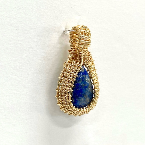 HANDMADE Genuine Lapis Lazuli Hand Wrapped in Gold Plated Wire Statement Pendant - Picture 8 of 10